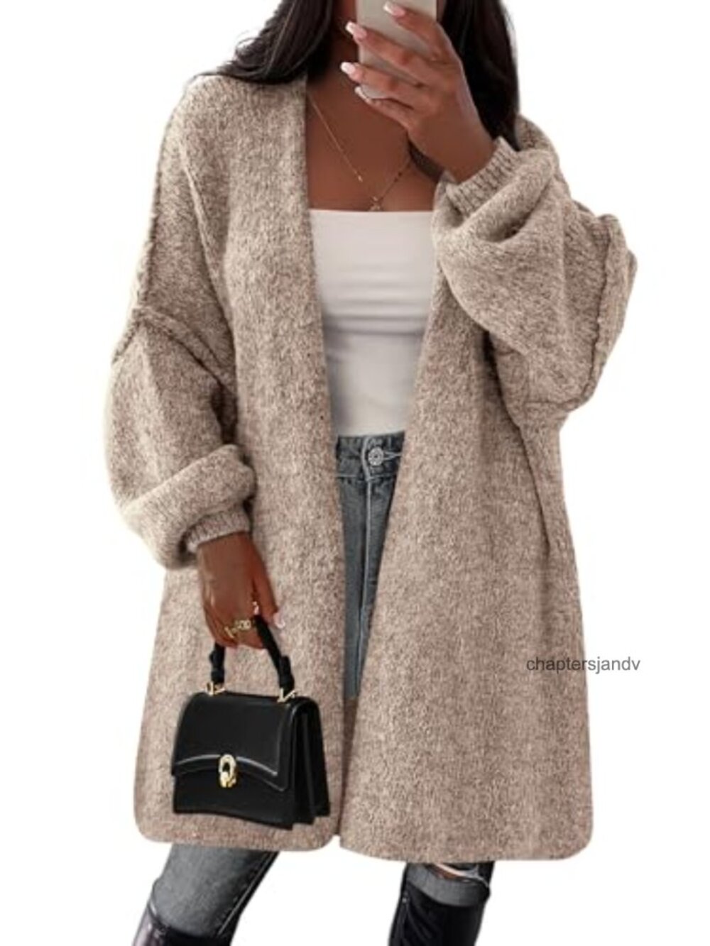 Oversized Long Cardigan Sweater Knit Polyester Blend Open Front V-Neck